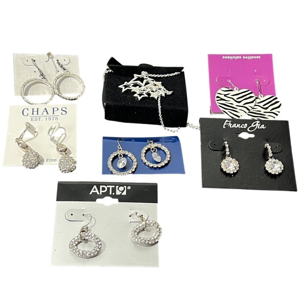 Lot of 7 Pairs Fashion Earrings Silver Tone Rhinestone CHAPS APT.9 Franco Gia